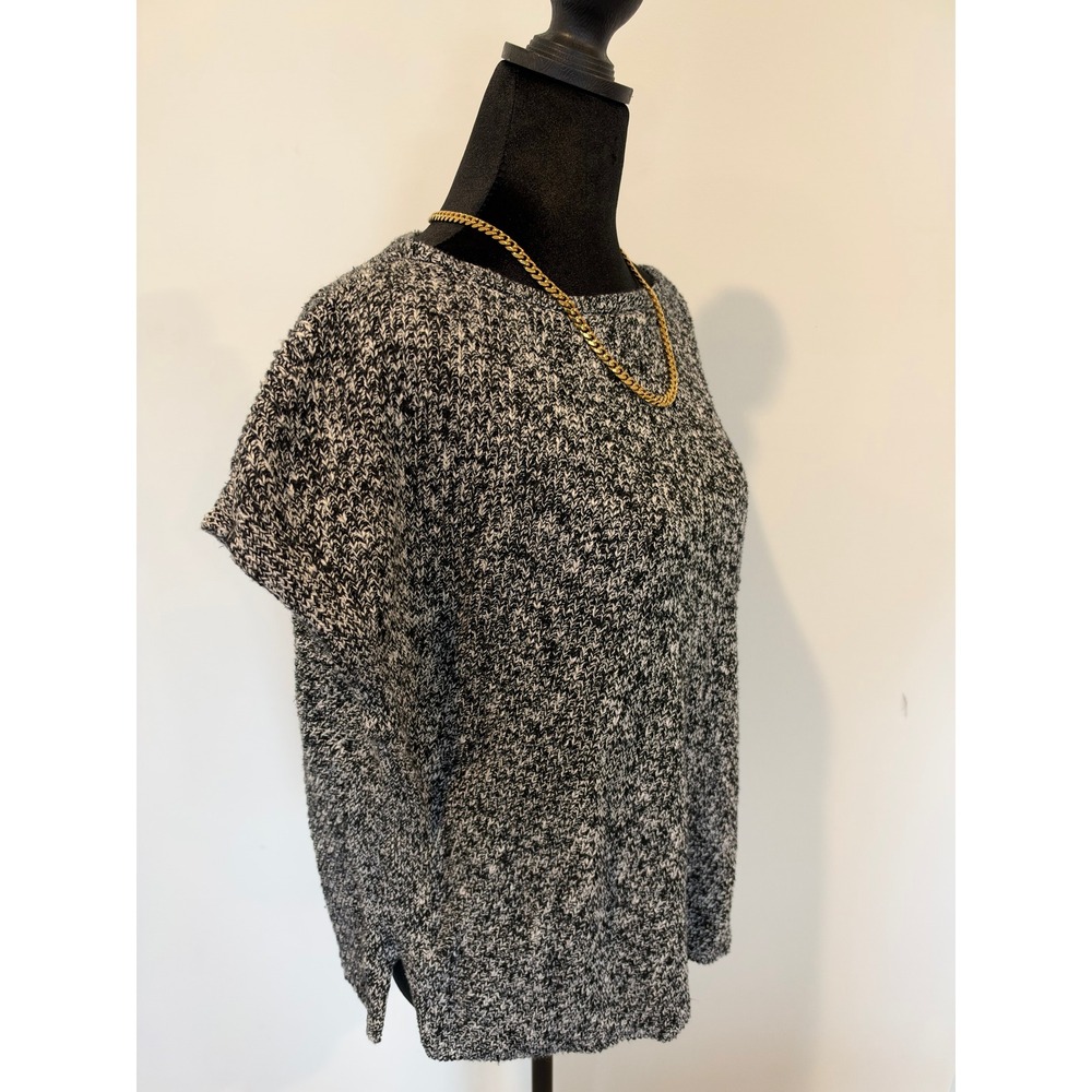 Eileen Fisher Womens Medium Black White Marled Knit Short Sleeve Boxy Sweater